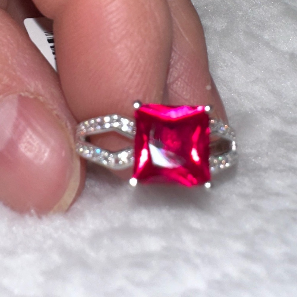Lab ruby square stone with lab diamonds size 7 sterling silver band